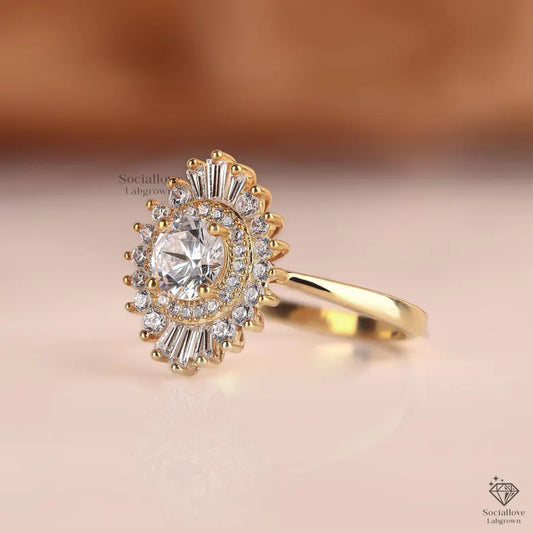 Art Deco Sunburst Halo Lab Grown Diamond Engagement Ring Vintage Round & Baguette Cluster Ring 14K Gold IGI Certified Anniversary Gift for her.