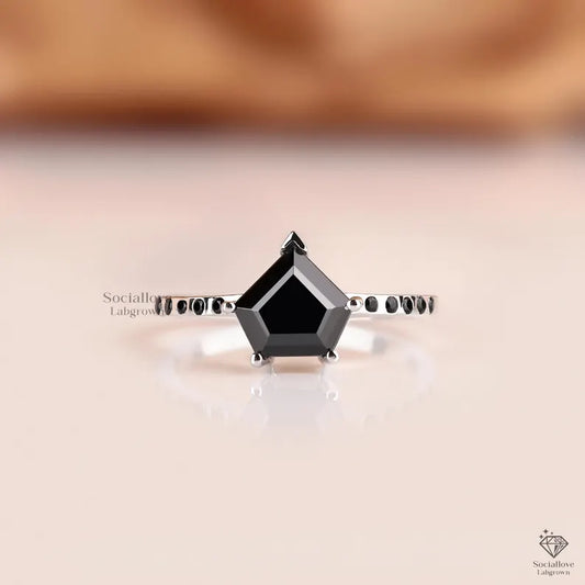 IGI Certified Pentagon Cut Black Lab Diamond Ring - 14K Gold Pave Statement Engagement Ring - Unique Geometric Bridal Jewelry Gift for her.