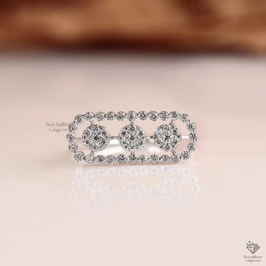 Triple Halo Cluster Lab Grown Diamond Ring Round Cut Rectangular Statement Ring 14K Gold Pave Wide Band Engagement Ring Gift for her.