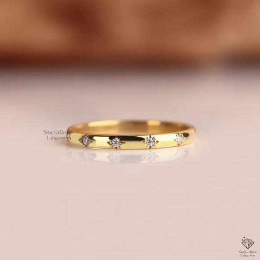Diamond Star Wedding Band, Lab Grown Diamond Flush Set Ring, Celestial Stacking Band, Star and Moon Jewelry for Women Handmade Everyday Ring.