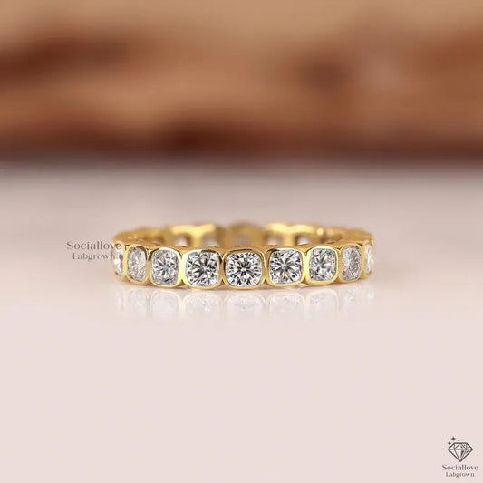 Full Eternity Cushion Diamond Band Bezel Set Lab Diamond Ring 14K Gold Bridal Wedding Band Matching Anniversary Gift for Women.