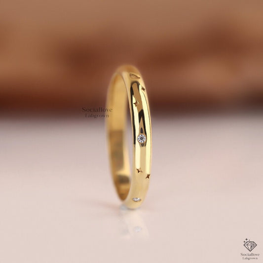14K Solid Gold Celestial Star and Moon Ring | Flush Set Lab Grown Diamond Band | Minimalist Dainty Engraved Stacking Ring | Sustainable Jewelry Gift for Her.
