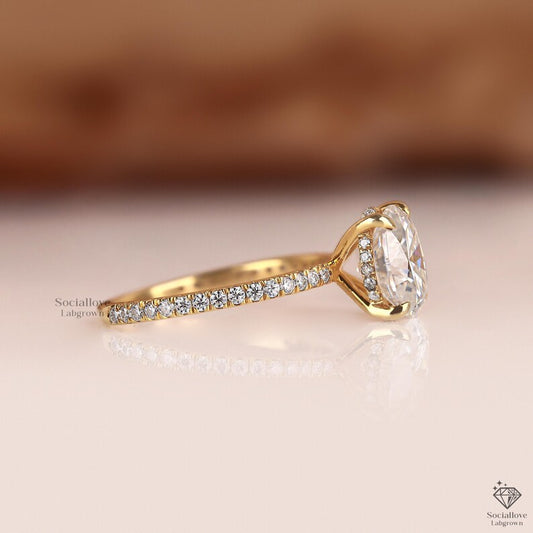 Oval Cut Lab Grown Diamond Engagement Ring, IGI Certified 0.5 - 3 CT Solitaire Diamond Ring, Pave Set Hidden Halo Wedding Ring, Gift For Her.