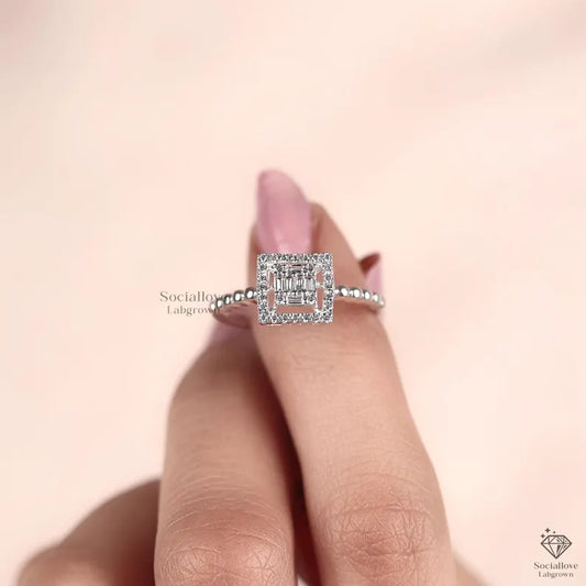 Lab Grown Diamond Step Cut Halo Ring Square Baguette Cluster Engagement Ring Beaded Shank Pave Wedding Band 14K Gold Art Deco Bridal Ring Gift for her.