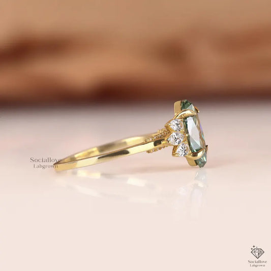 Vintage Green Marquise Lab Grown Diamond Ring | IGI Certified Bluish-Green Cluster Engagement Ring | 14K Gold Anniversary Gift for her.