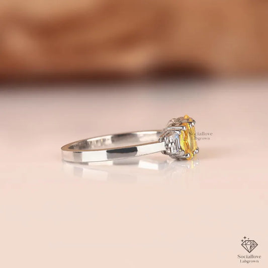 Fancy Yellow Oval Lab Grown Diamond Three Stone Ring | IGI Certified Canary Diamond Engagement Ring | Comfort Fit Wedding Band Gift for her.