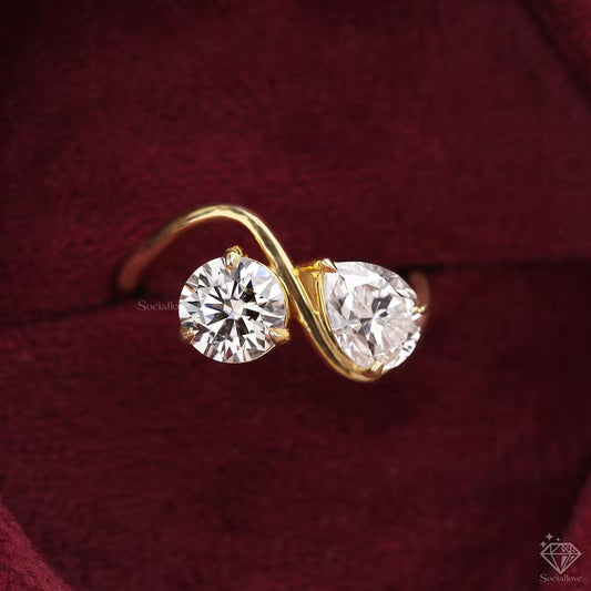 Round & Pear Cut Toi et Moi Ring 14K Yellow Gold Twist Band Two Stone Lab Grown Diamond Ring Unique Promise Ring & Anniversary Gift for Her.