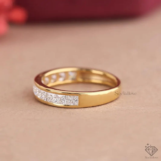 2.5mm Princess Cut Lab Diamond Wedding Band 14K Yellow Gold Half Eternity Ring Stackable Bridal Band Sustainable Matching Ring for Her Promise Ring Anniversary Gift for her.