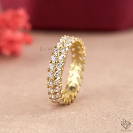 Marquise Cut Lab Diamond Leaf Band - 14K Gold Vine Eternity Ring - Nature Inspired Prong Set Anniversary Ring Gift for her.
