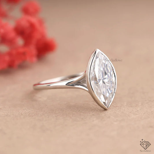 Marquise Lab Grown Diamond Engagement Ring | Bezel Set Solitaire in 14K White Gold | Modern Ethical Wedding Ring | Marquise Promise Ring for Her.