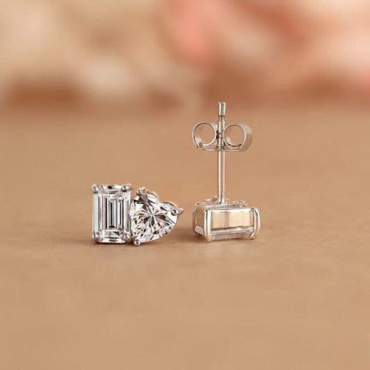 Toi et Moi Lab Grown Diamond Stud Earrings 0.80 CT Heart & Emerald Cut 14k Gold Screw Back Studs Valentine Day Gift for her.