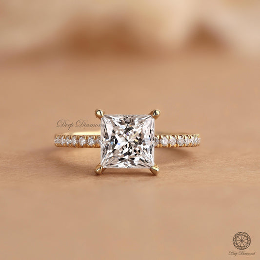 Princess cut Lab Grown Diamond Hidden Halo Ring, Pave set Solitaire Ring, 1 - 3 Carat EF/VS1 Clarity Diamond Ring, Engagement Ring For Women