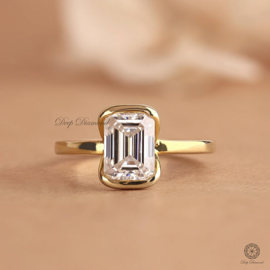 Emerald Cut Half Bezel set Solitaire Ring, 1 - 3 CT Lab Grown Diamond Ring, Engagement Ring For Women, Everyday wear Ring, Anniversary Ring