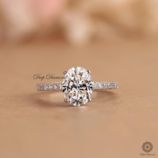 Oval Cut Lab Grown Diamond Engagement Ring For Women, 2 CT IGI Certified Lab Diamond Ring, Side Pave set Ring, Cathedral Shank Wedding Ring