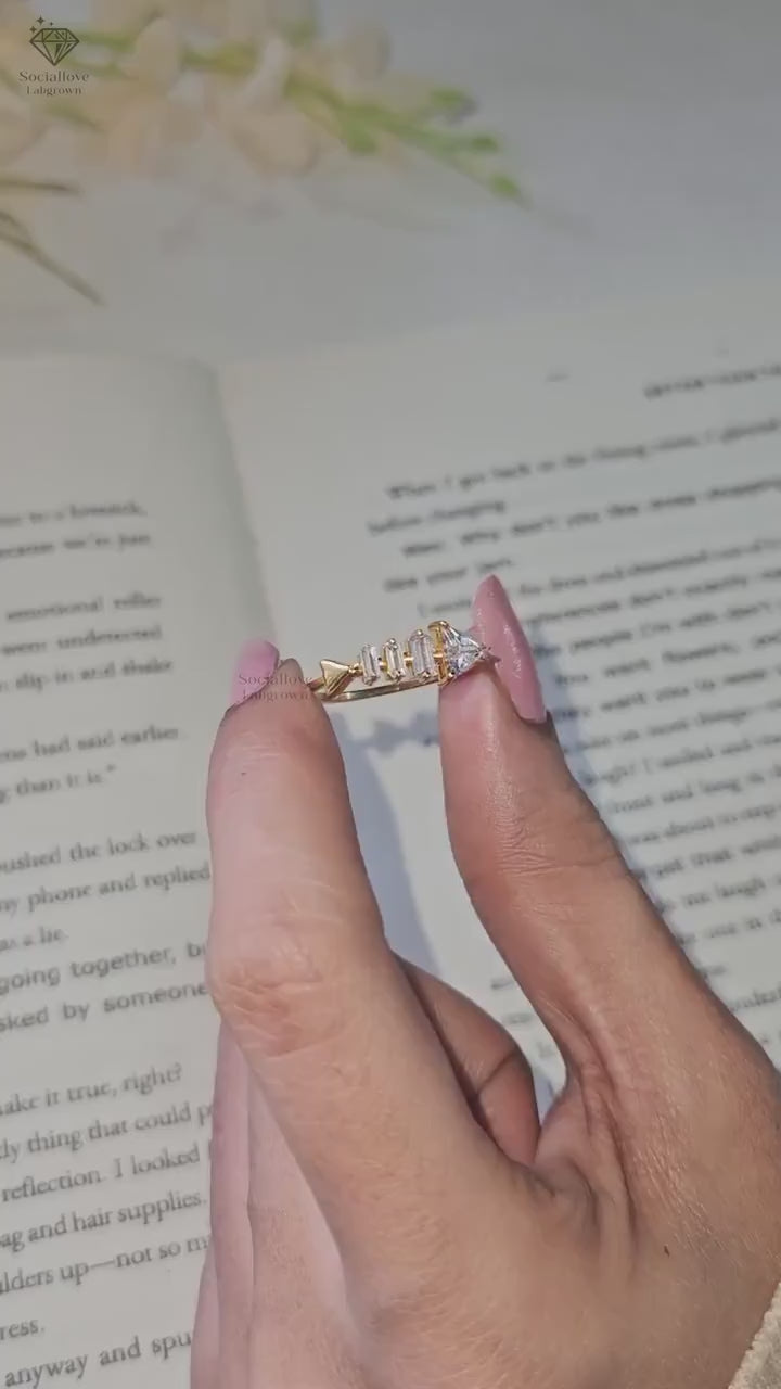 Fish Bone Lab Grown Diamond Band 0.65 TW Triangle & Baguette Geometric Wedding Ring Unique 14K Gold Comfort Fit Band Anniversary Gift for her.