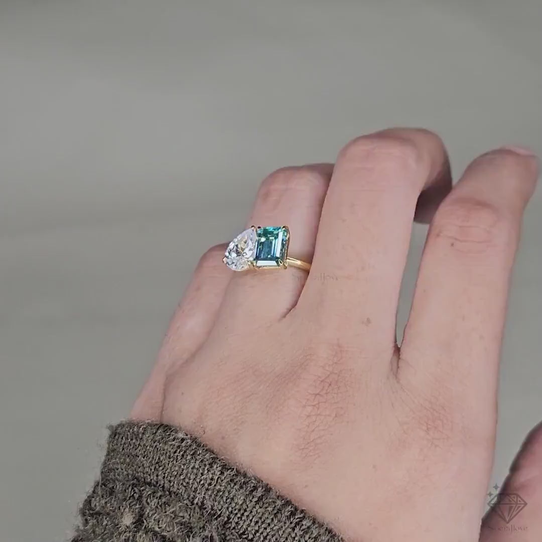 Toi et Moi Ring, Green Emerald & Pear lab grown Engagement Ring, 14k Solid Gold Two Stone Ring, Unique Bridal Anniversary Ring Promise Gift.