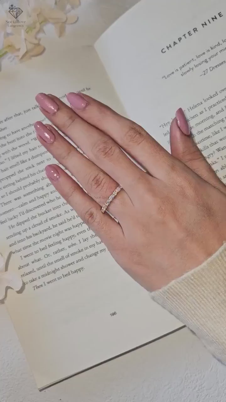 Emerald and Round Lab Grown Diamond Alternating Wedding Band | 14K Gold Half Eternity Matching Ring Anniversary Gift for her.