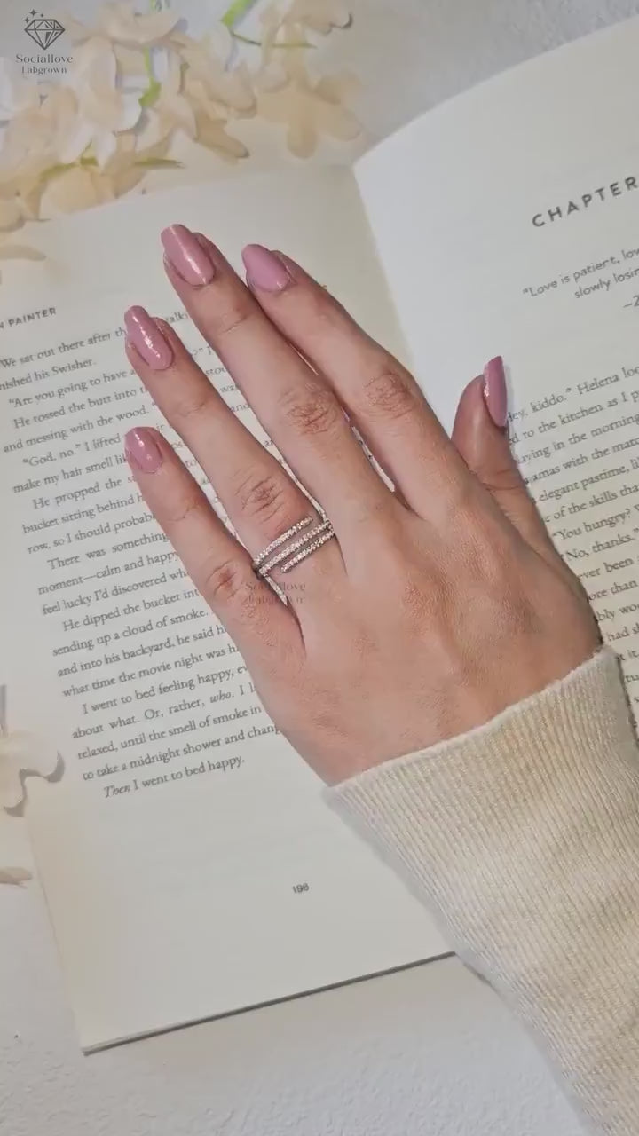 Lab Grown Diamond Spiral Wrap Ring, Micro Pave Triple Row Cuff Ring, Modern Lab Created Wedding Band, Comfort Fit Anniversary Proposal Gift for her.