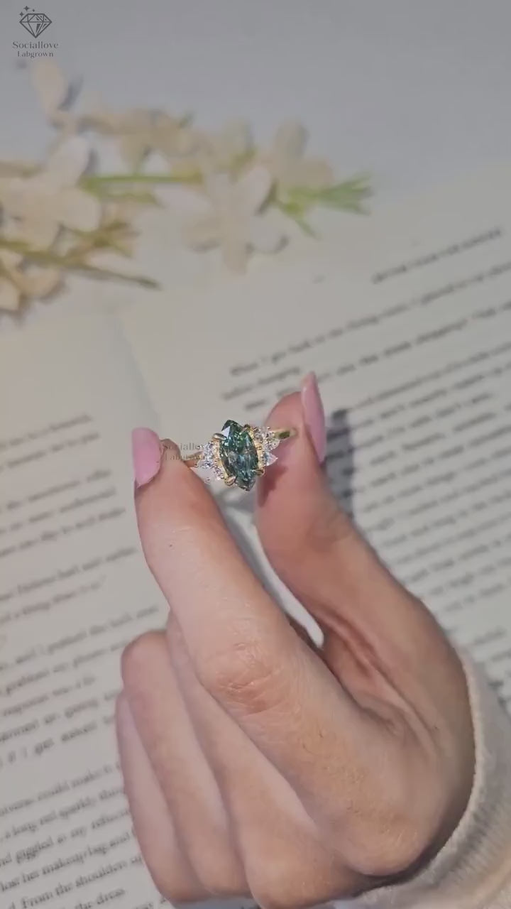 Vintage Green Marquise Lab Grown Diamond Ring | IGI Certified Bluish-Green Cluster Engagement Ring | 14K Gold Anniversary Gift for her.