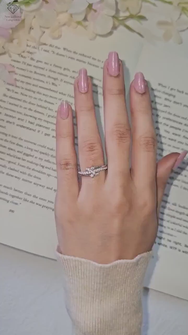 Dainty Diamond Bow Engagement Ring 14K Gold Pave Criss Cross Ribbon Ring Minimalist Lab Grown Diamond Bridal Jewelry Gift for her.