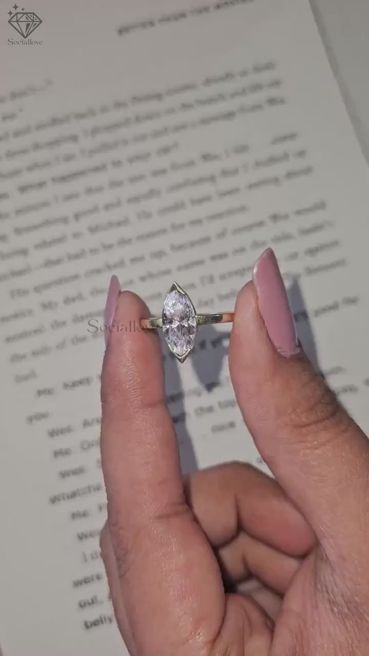 Half Bezel Marquise Lab Grown Diamond Solitaire Engagement Ring | 14K Solid Gold Wedding Band | Delicate Stacking Anniversary Gift for her.