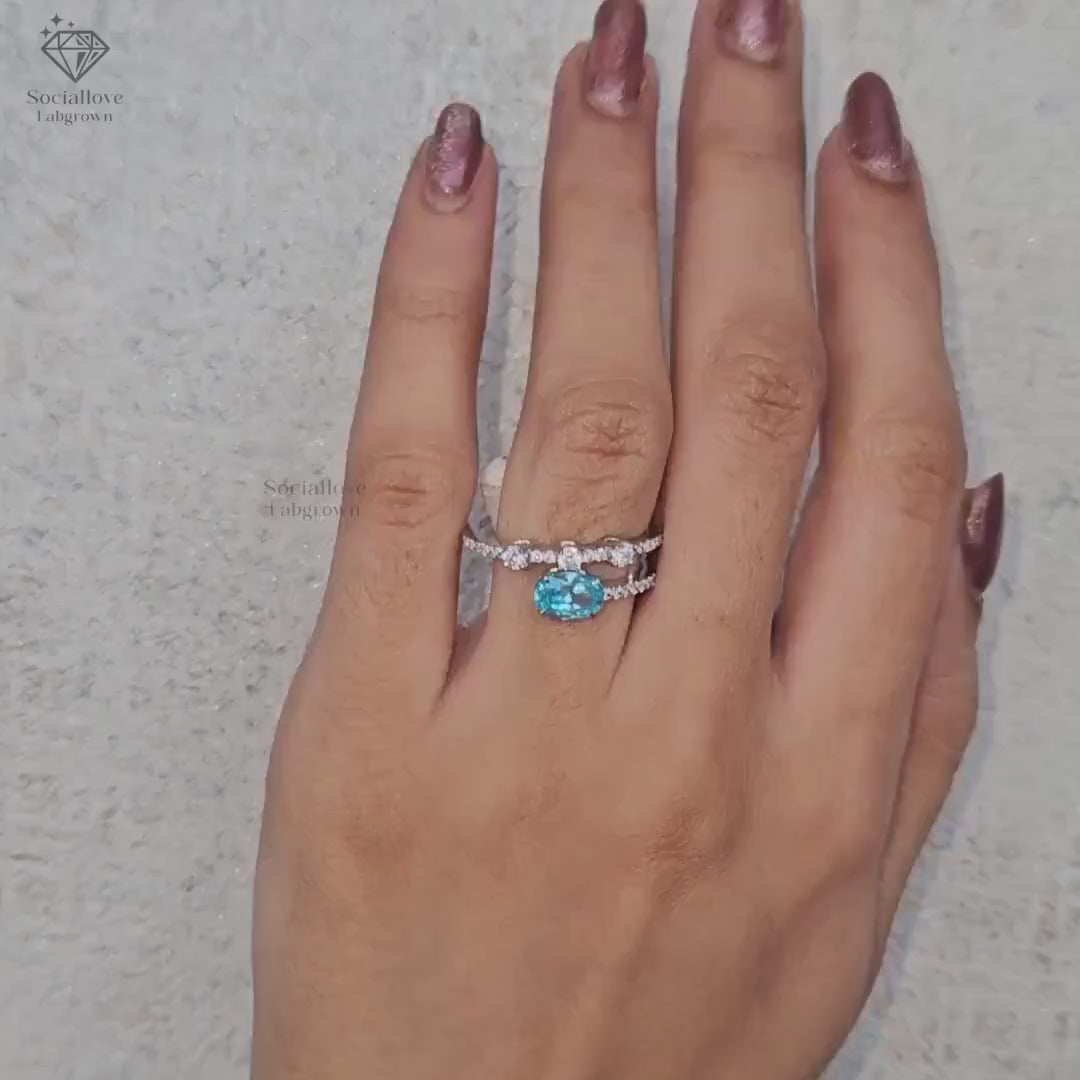 Oval Aqua Blue Lab Grown Diamond Engagement Ring | Double Band Split Shank | IGI Certified Blue Diamond | Handmade Solid Gold Promise Ring Gift for her.
