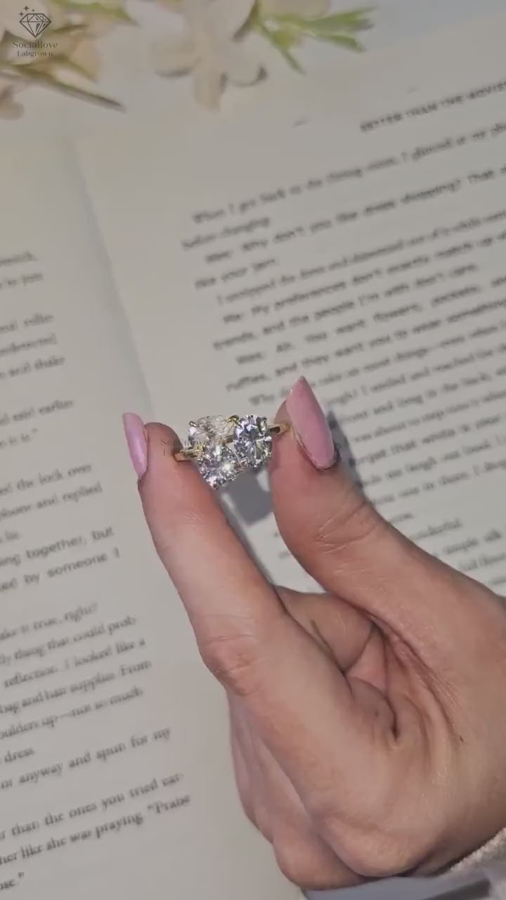 Modern Three Stone Toi et Moi Lab Diamond Ring Oval Cushion & Pear Cut Engagement Ring 14K Solid Gold Anniversary Gift for her.