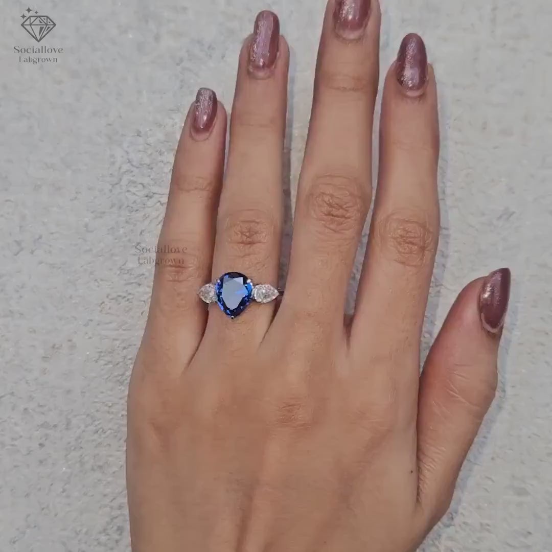 Pear Cut Blue Lab Grown Diamond Three Stone Ring | IGI Certified Sapphire Blue Teardrop Engagement Ring | 14K Gold Handmade Anniversary Gift for her.