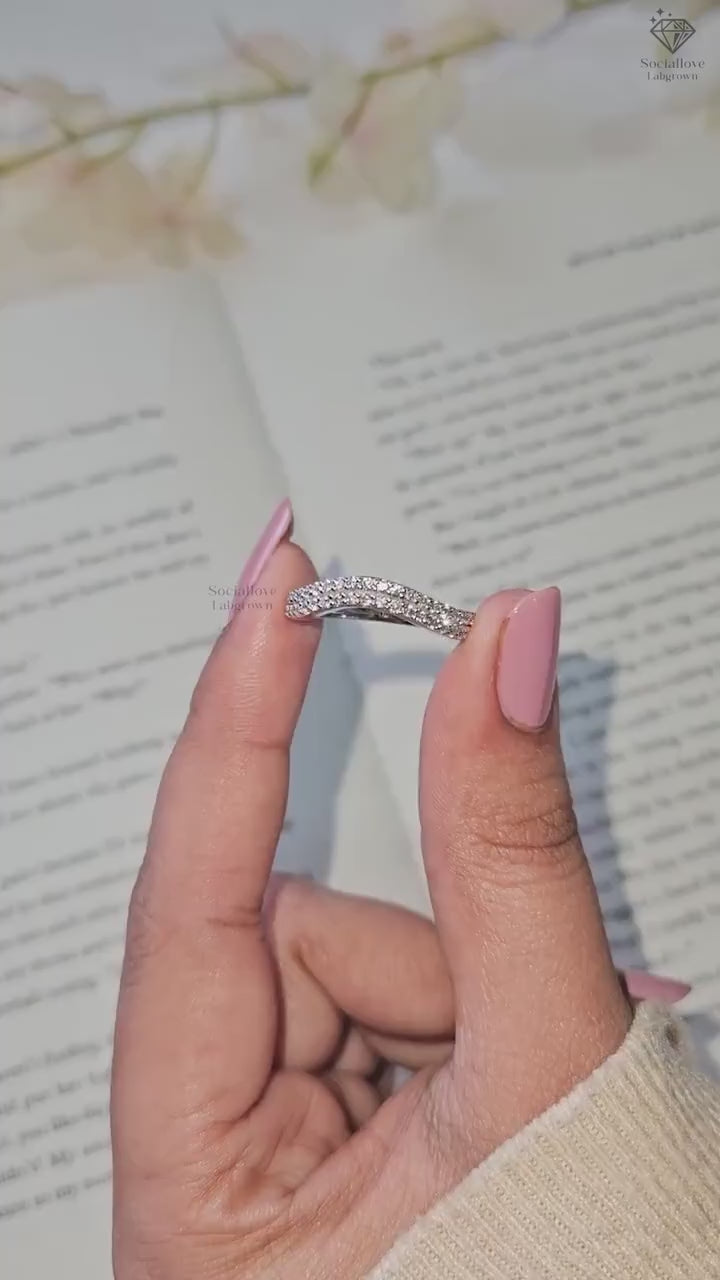 Curved Lab Grown Diamond Wedding Band | Double Row Pave Half Eternity Matching Ring Wedding Band, Anniversary Gift for her.