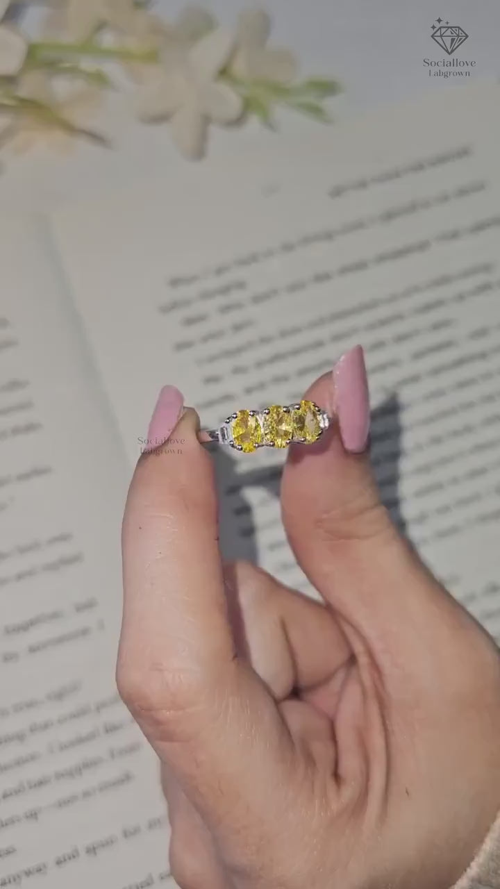 Fancy Yellow Oval Lab Grown Diamond Three Stone Ring | IGI Certified Canary Diamond Engagement Ring | Comfort Fit Wedding Band Gift for her.