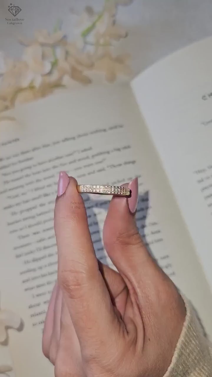 Lab Grown Diamond Wedding Band for Women - 2 Row Pave Set Half Eternity Ring - IGI Certified - 14K Gold Comfort Fit Anniversary Band