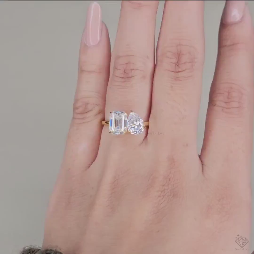 IGI Certified Emerald & Pear Cut Toi et Moi Ring 14K Yellow Gold Lab Grown Diamond Two Stone Engagement Ring The "You & Me" Minimalist Ring Gift for her.