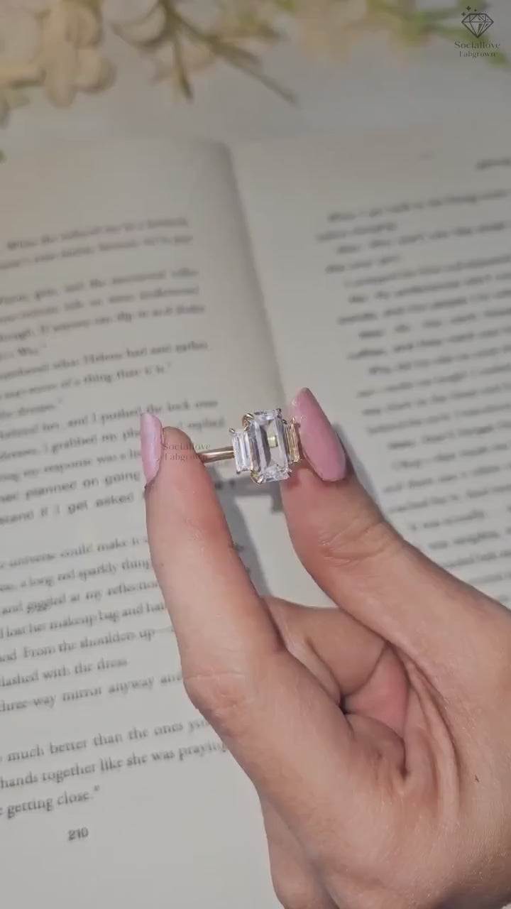 Elongated Emerald Cut Lab Grown Diamond Engagement Ring Three Stone Step Cut Lab Diamond Ring in 14K Gold IGI Certified Custom Anniversary Gift for Her.