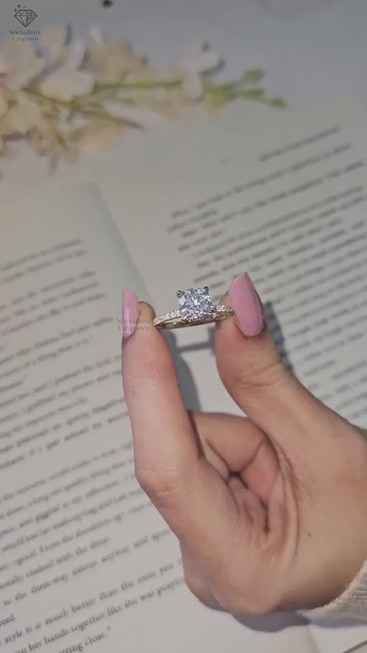 Certified Cushion Lab Grown Diamond Ring - Hidden Halo & Pavé Setting - 14K/18K Gold Unique Engagement Ring Gift for women.