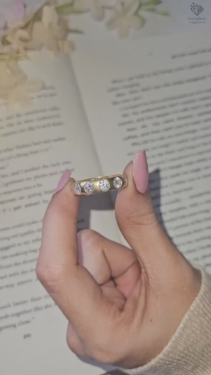 Flush Set Lab Grown Diamond Band, 14K Gold Wide Dome Etoile Ring, Round Diamond Wedding Band, Comfort Fit Ring, Bezel Style Ring For Gift