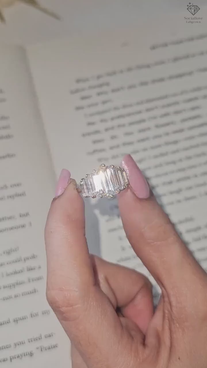 Luxurious Seven Stone Baguette Lab Grown Diamond Engagement Ring | 14K Gold Bar Setting Wedding & Bridal Gift for Women.