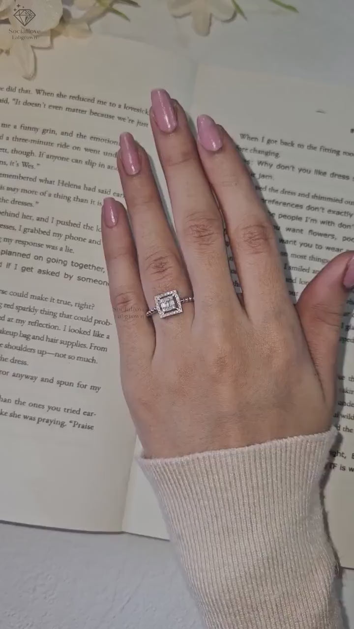 Lab Grown Diamond Step Cut Halo Ring Square Baguette Cluster Engagement Ring Beaded Shank Pave Wedding Band 14K Gold Art Deco Bridal Ring Gift for her.