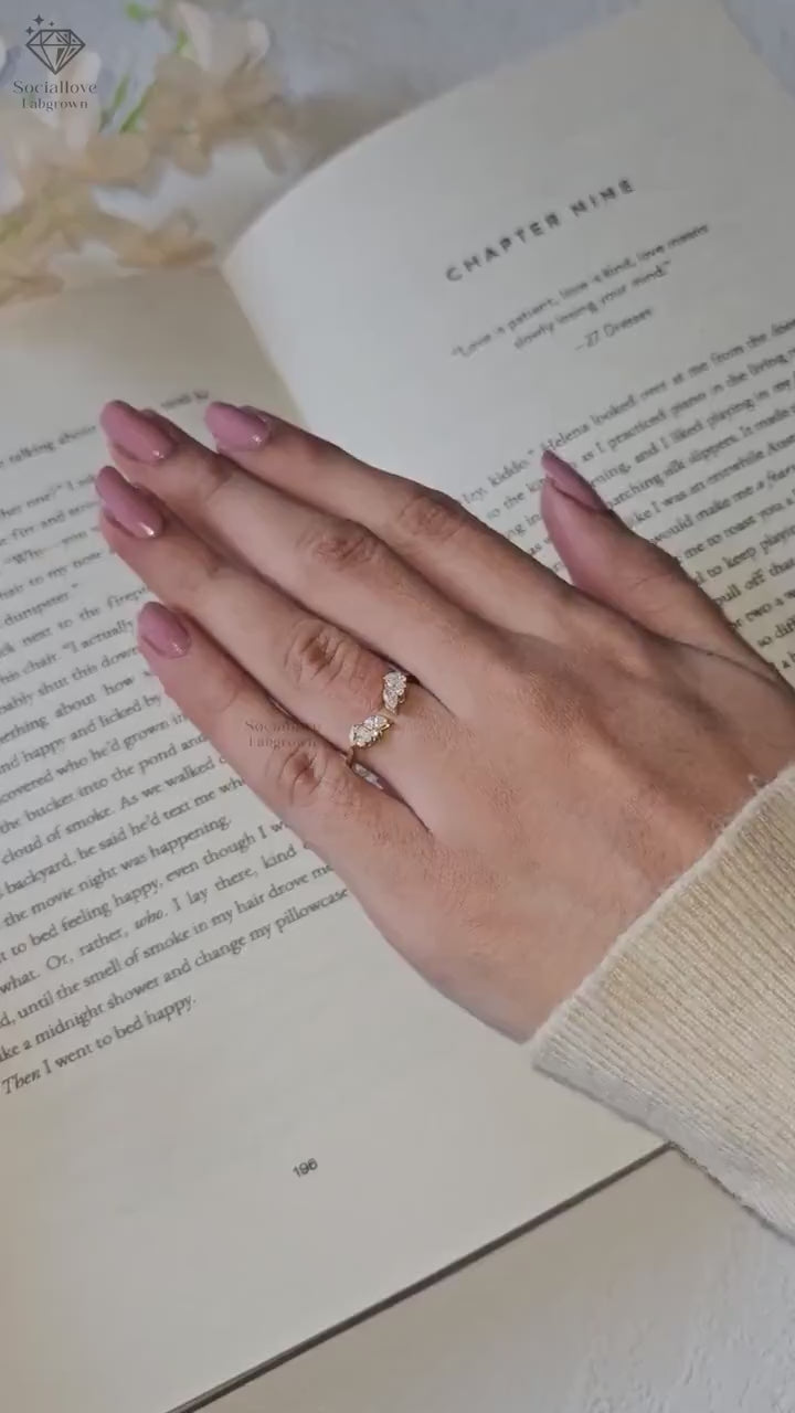 Marquise & Round Diamond Open Band | Stacking Leaf Ring | Lab Grown Diamond Wedding Ring Anniversary Gift for her.