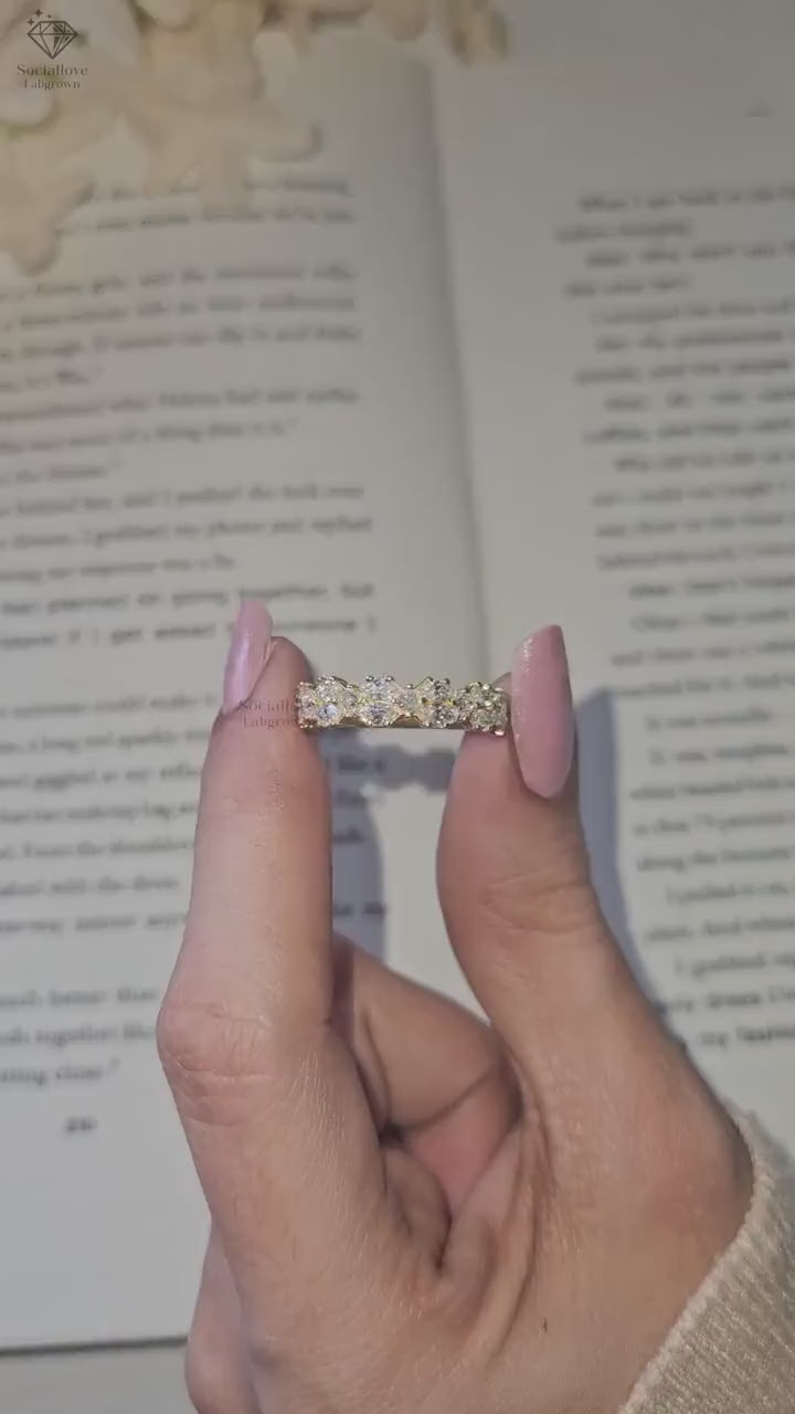 Mixed Cut Half Eternity Lab Grown Diamond Band | 14K Gold Marquise & Princess Cluster Wedding Ring Anniversary Gift for Women.