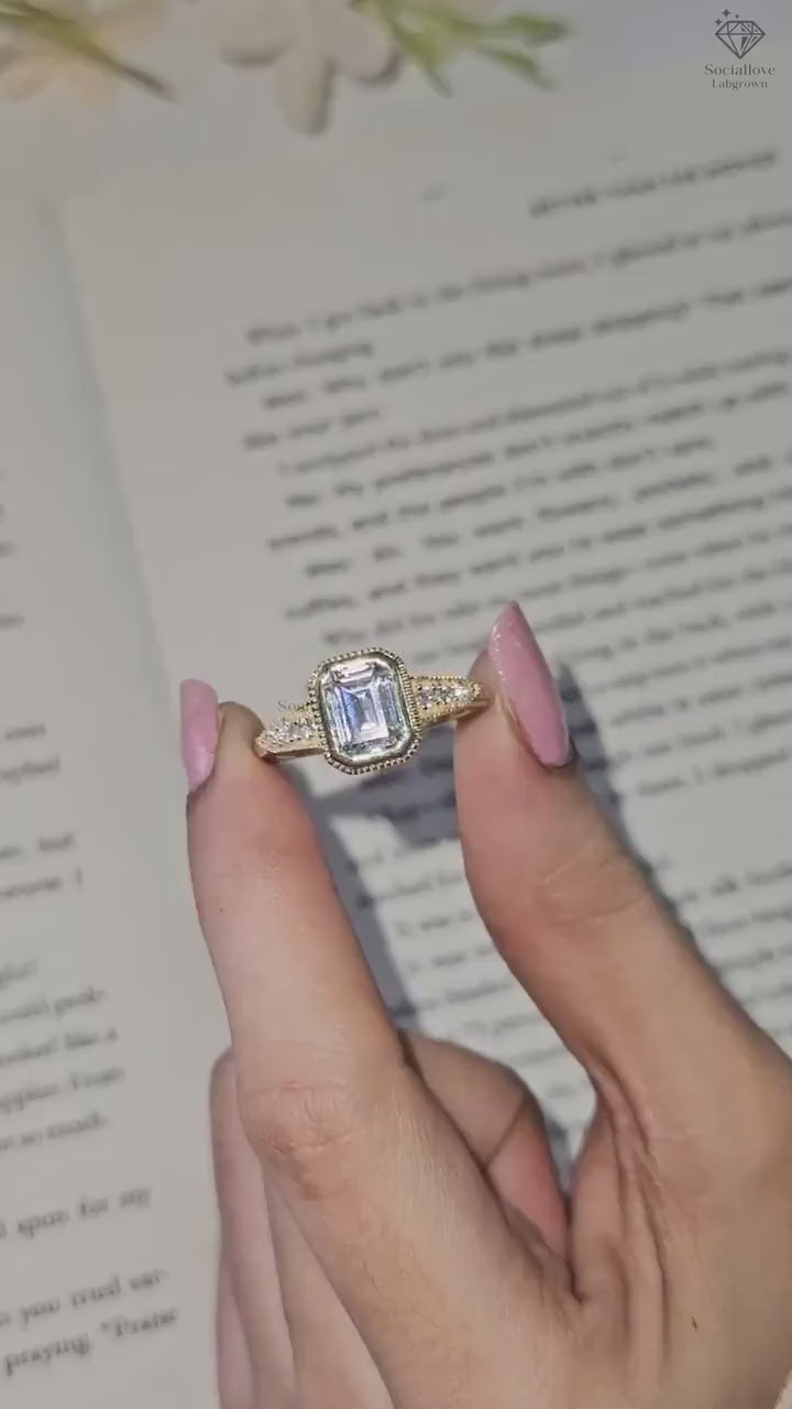 Vintage Art Deco Emerald Cut Engagement Ring - IGI Certified Lab Diamond Milgrain Bezel Set Ring Gift for her.