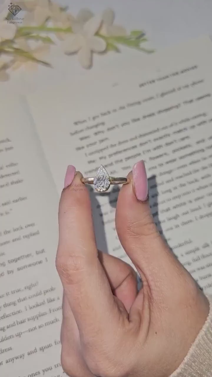 Pear Cut Lab Grown Diamond Engagement Ring Half Bezel Set Solitaire IGI Certified 0.5 - 3 CT  14K Gold Minimalist Pear Ring Unique Wedding Ring Gift for her.