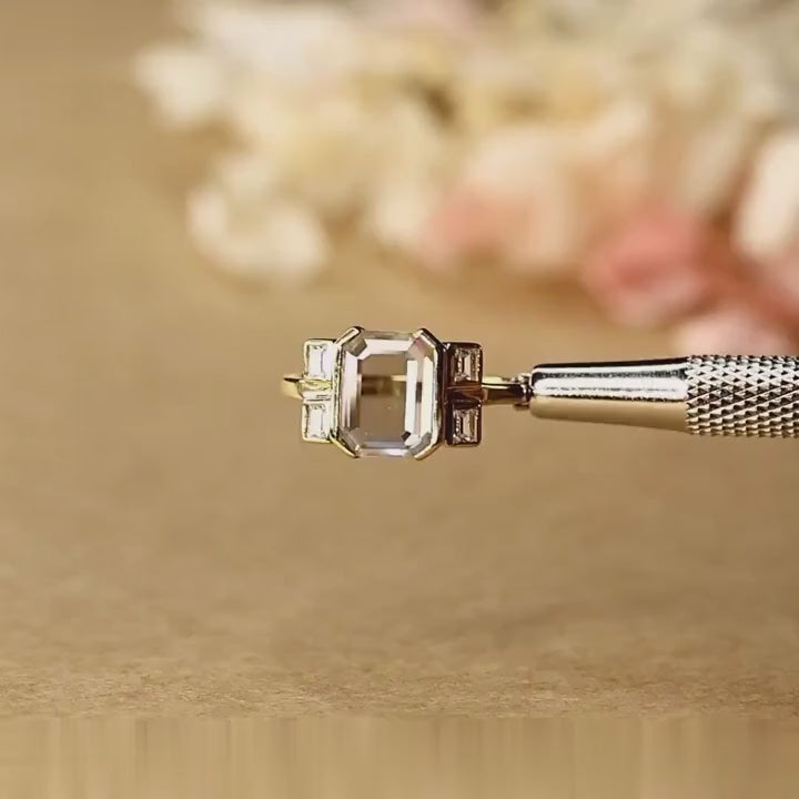 Portrait Cut Diamond Engagement Ring, 14k Gold Bezel Set Portrait Diamond, Architectural Baguette Ring, Unique Minimalist Flat Diamond Ring.