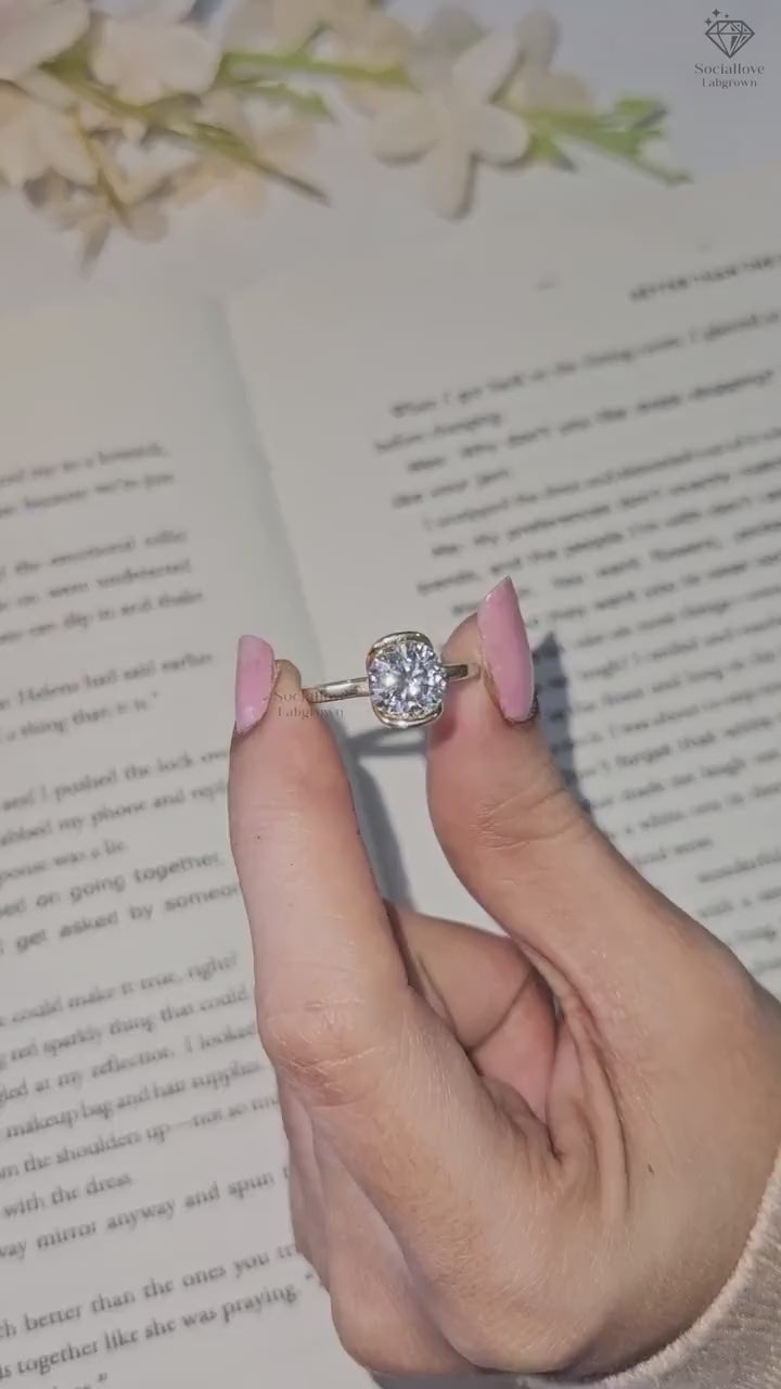 0.5 to 3 CT Round Lab Grown Diamond Engagement Ring | IGI Certified E VS1 | Half Bezel Solitaire Ring in 14K Gold Gift for her.