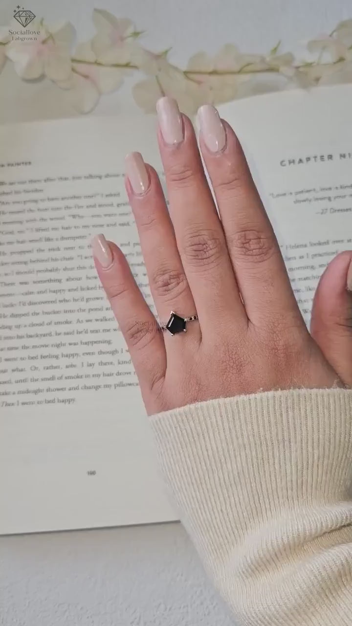 IGI Certified Pentagon Cut Black Lab Diamond Ring - 14K Gold Pave Statement Engagement Ring - Unique Geometric Bridal Jewelry Gift for her.