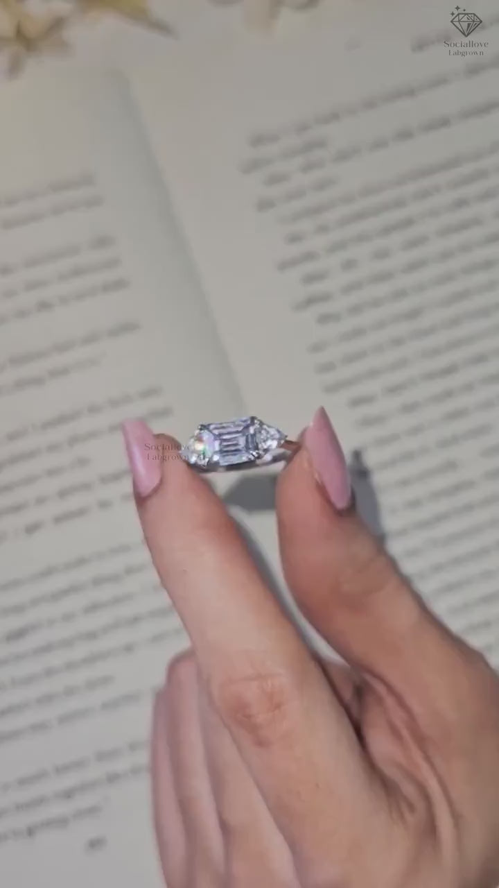 East West Emerald Cut Lab Diamond Engagement Ring Three Stone Trilogy Ring Trillion Side Diamonds 14K Gold Anniversary Gift Modern Bridal Jewelry.