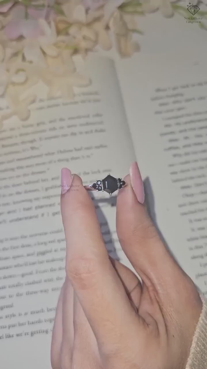 Hexagon Cut Black Lab Grown Diamond Cluster Ring | IGI Certified Bridal Engagement Ring | 14K Gold Gothic Colored Diamond Jewelry Gift for her.