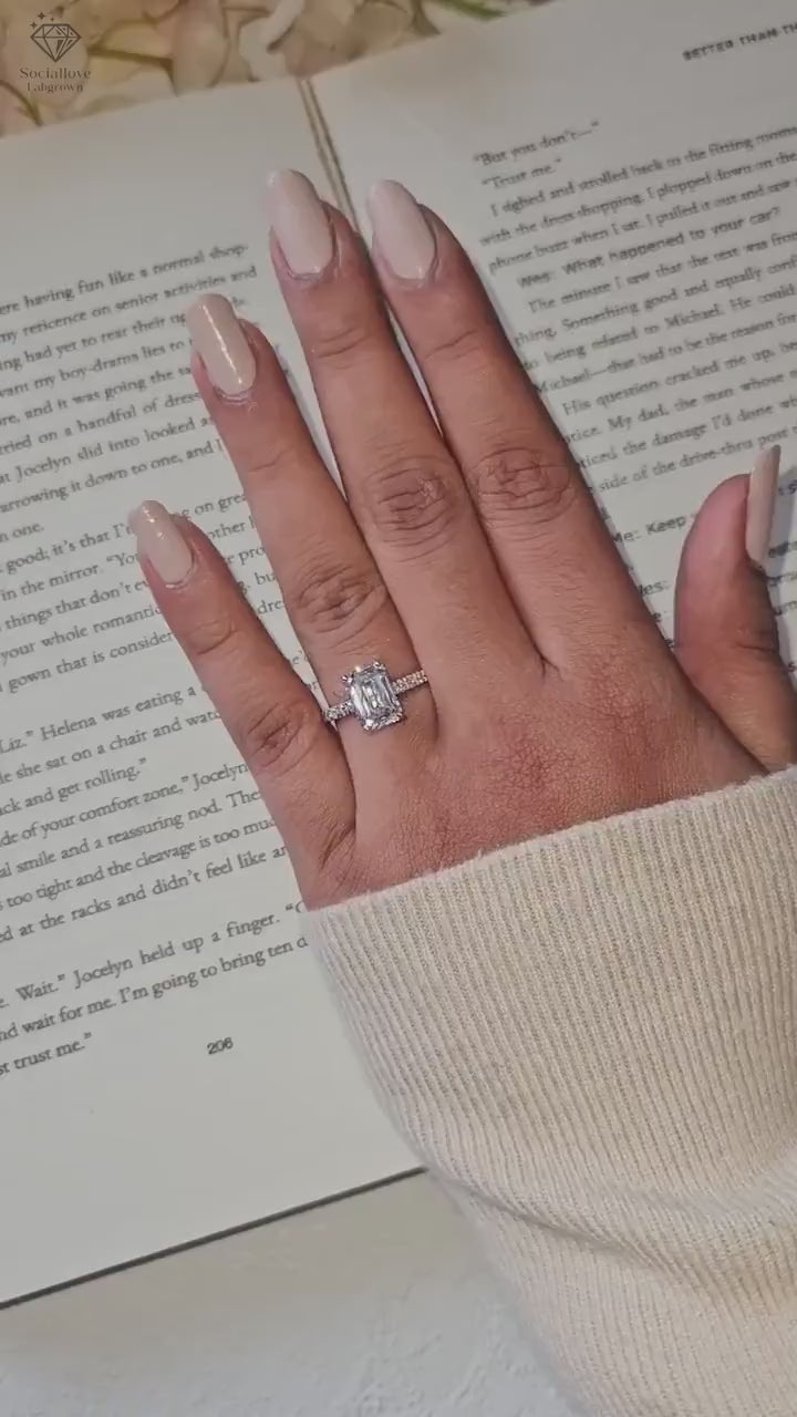 IGI Certified Emerald Cut Lab Grown Diamond Engagement Ring,  1 - 3 CT Carat Solitaire Ring, 14K Gold Pavé Wedding Ring, Unique Handmade Gift for Her.
