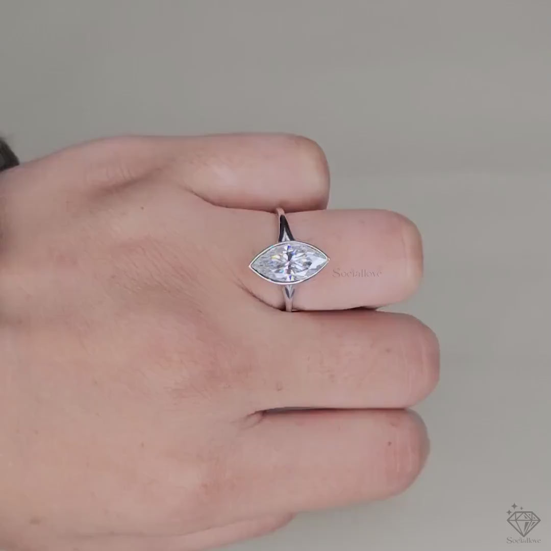 Marquise Lab Grown Diamond Engagement Ring | Bezel Set Solitaire in 14K White Gold | Modern Ethical Wedding Ring | Marquise Promise Ring for Her.