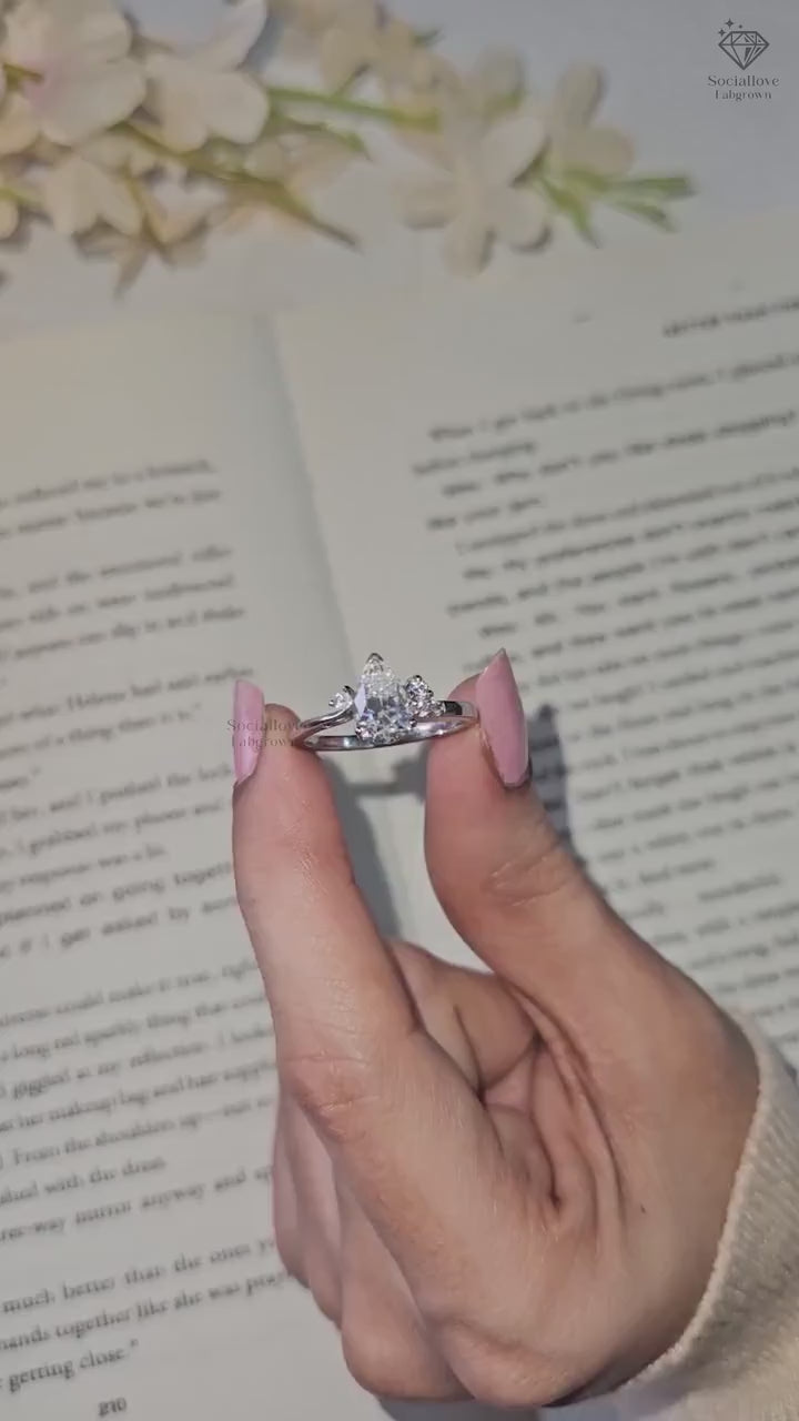 Pear Shaped Lab Grown Diamond Engagement Ring - IGI Certified Solitaire - 14K Gold Cluster Wedding Band - Bridal Anniversary Gift for her.