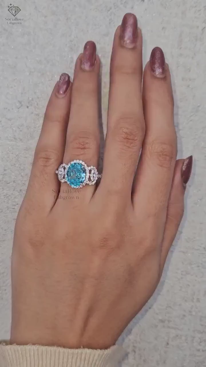 Oval Blue Lab Grown Diamond Engagement Ring | Side Marquise Halo Trilogy Ring in 14K Gold | IGI Certified Anniversary Gift for her.